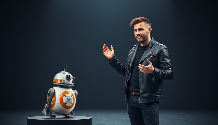 Jensen Huang presenting with Disney Star Wars-style robot on stage.