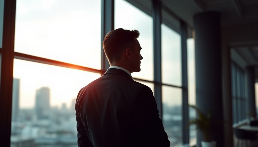 Thoughtful businessman gazes out large office window, contemplating 'What Does Your Company Stand For'.