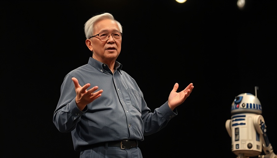 Jensen Huang presenting robotics engine with Disney Star Wars droid.