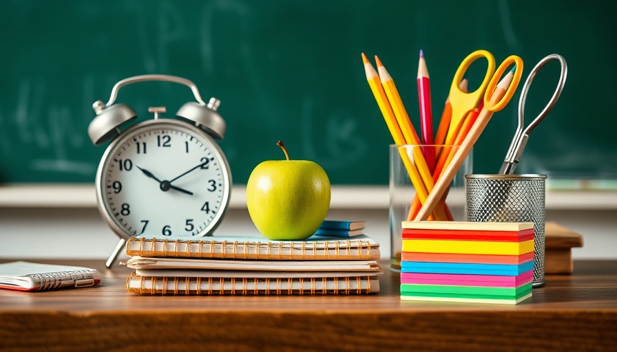 Clock and school supplies on desk with chalkboard, life skills not taught in school theme.