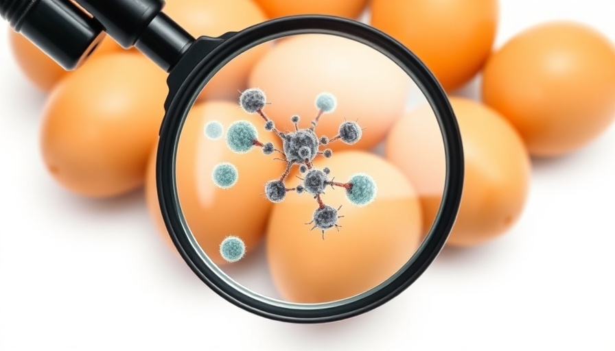 Illustration of salmonella bacteria near eggs for food safety concept.