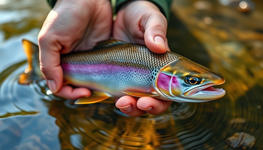 Close-up of hands practicing sustainable fishing with a trout.
