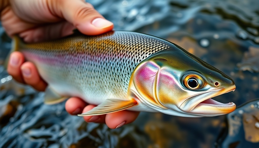 Close-up of sustainable Alaska fish held over clear water.