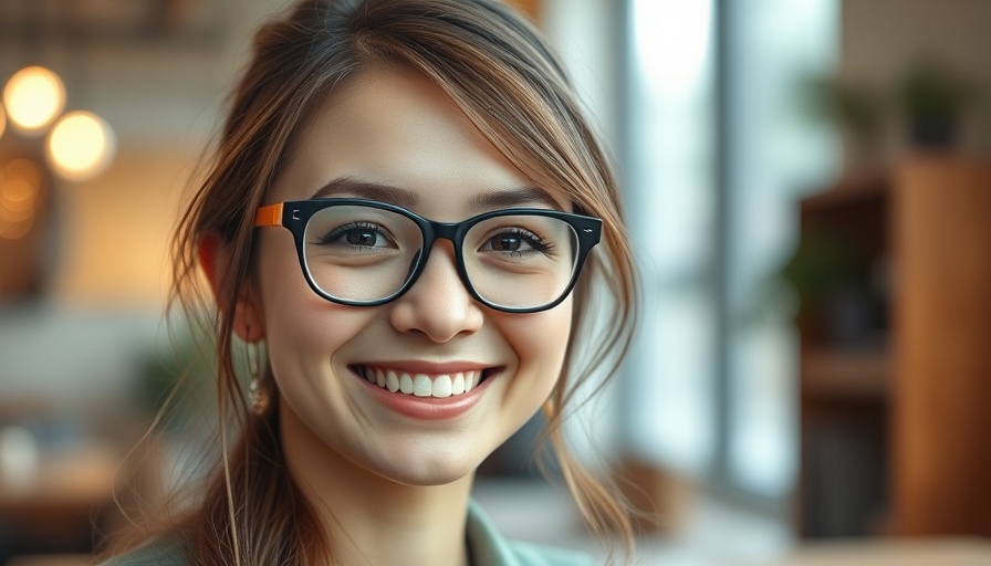 Smiling young woman with glasses, indoor setting, natural light.