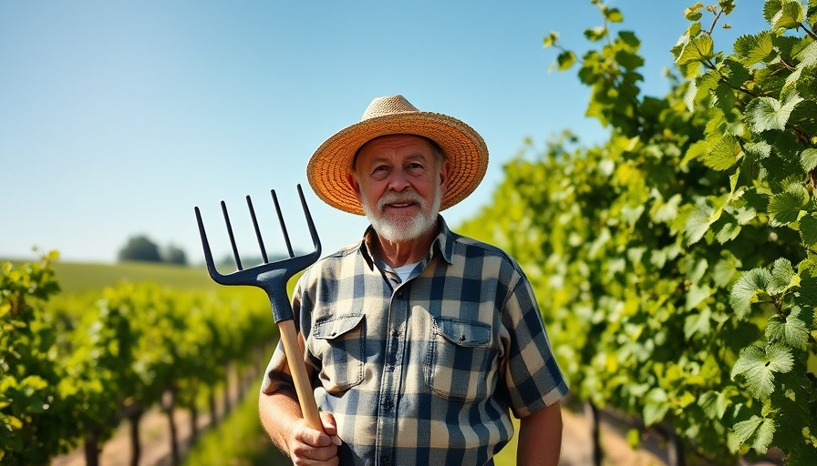 Older farmer standing in vineyard, exploring farm life.