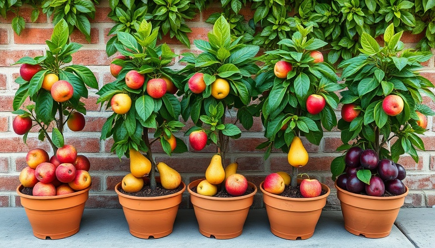 Vibrant container fruits for urban gardening with pots against brick wall.