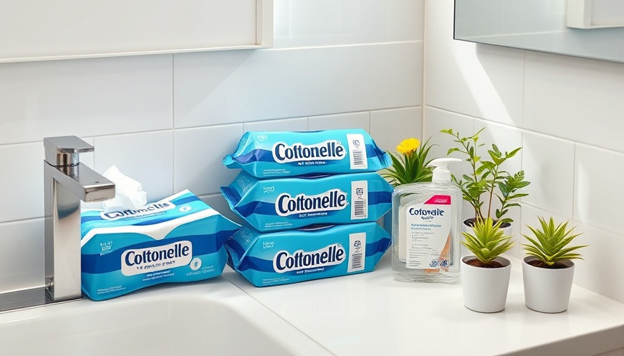 Essential survival items on a bathroom counter with green plants.