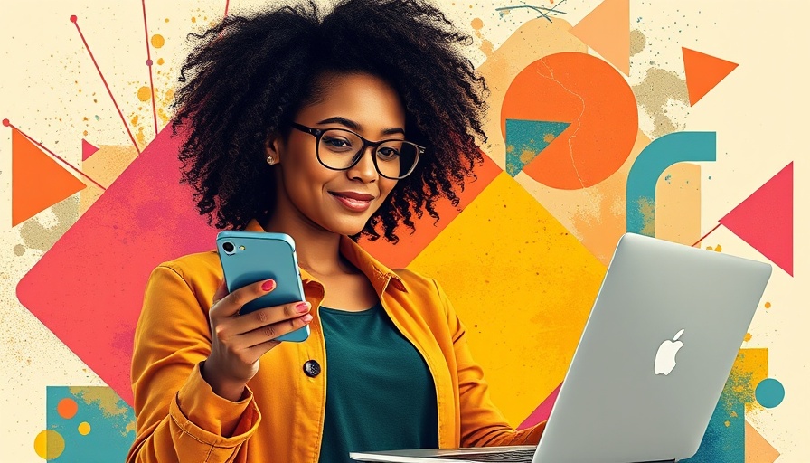 Vibrant AIDA Model marketing collage with woman, phone, and laptop