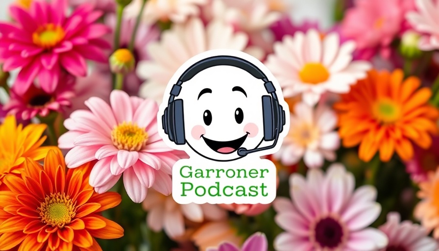 Colorful flowers and mascot promoting gardening podcast about home gardening.