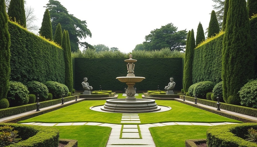 Luxurious symmetrical sustainable landscaping with fountain and statues