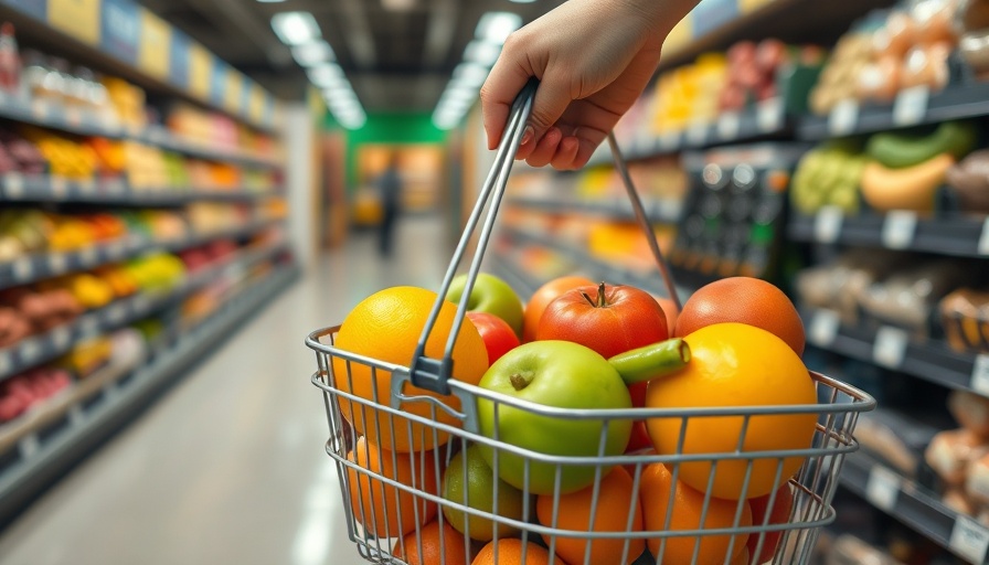 Hand holding basket of fruits in grocery aisle, how to prepare for a food shortage.