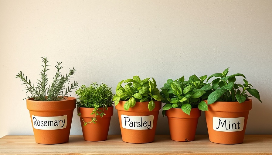 Three pots labeled Rosemary, Parsley, Mint - Best Herbs for Container Gardening.