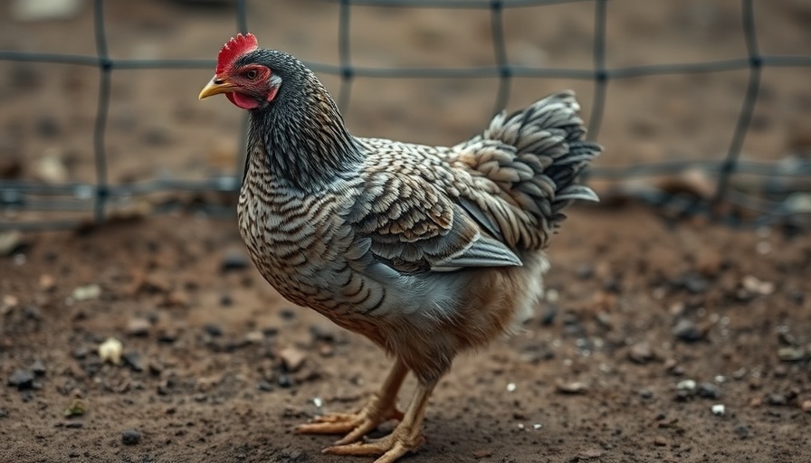Molting hen standing alert on dirt ground behind a wire fence.