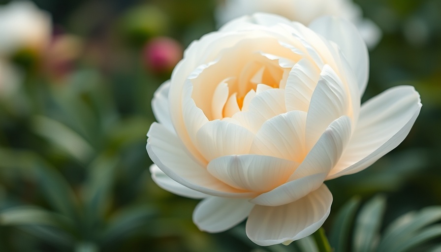 White peony bloom in soft-focus capturing types of peony flowers.