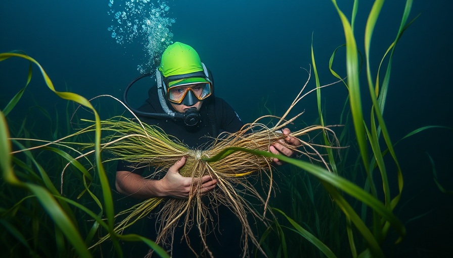 Diver collecting seagrass for ocean carbon capture.