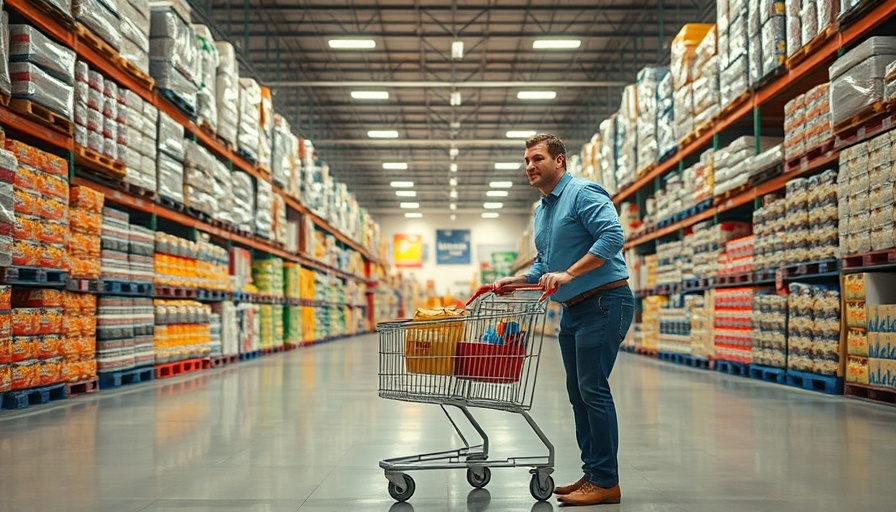 Consumer Confidence Drop depicted by shopper navigating large warehouse aisle.