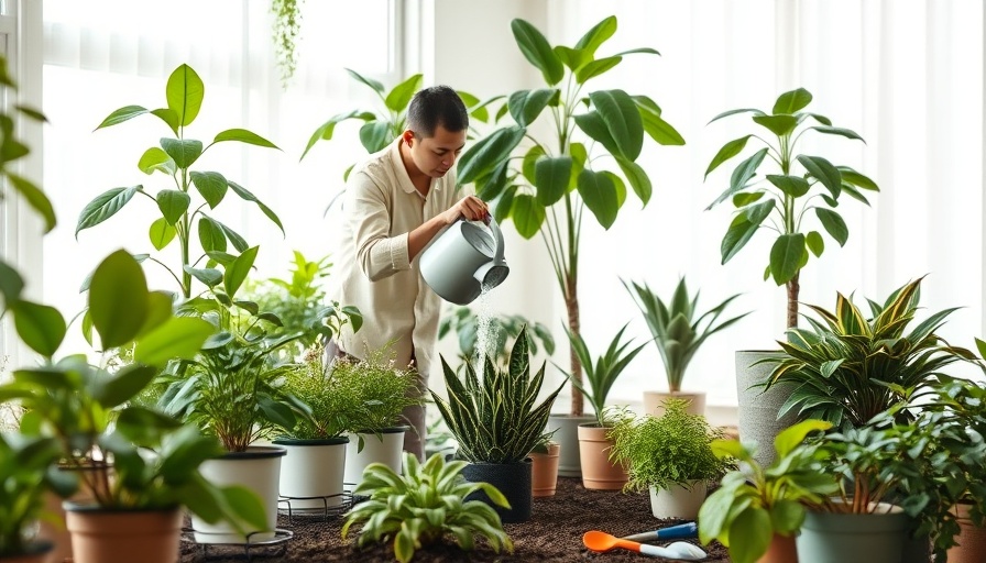 Indoor plant cultivation scene with person watering plants.