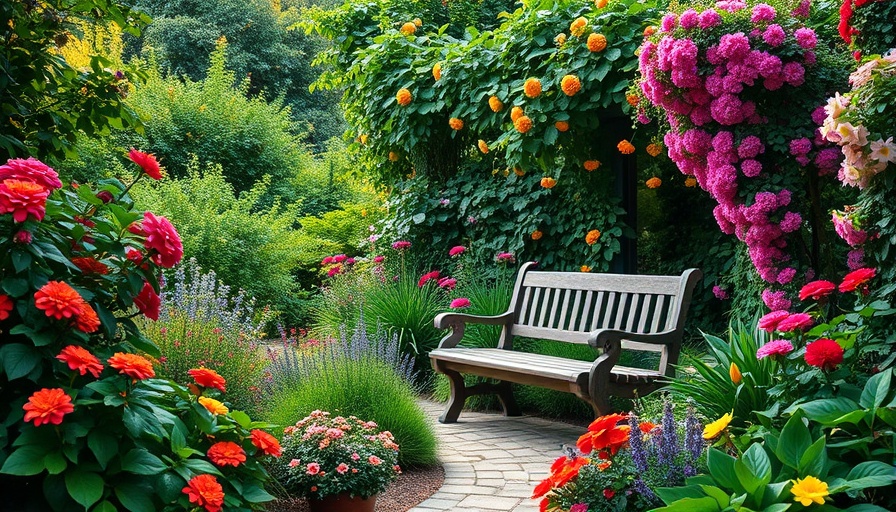 Cozy bench in vibrant home garden with colorful flowers.