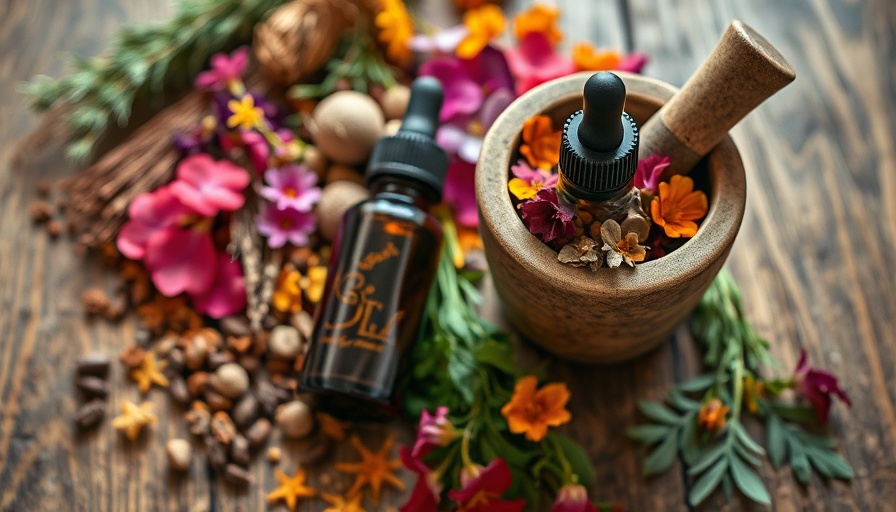 Diverse collection of herbs and bottle for relief remedies using essential oils.