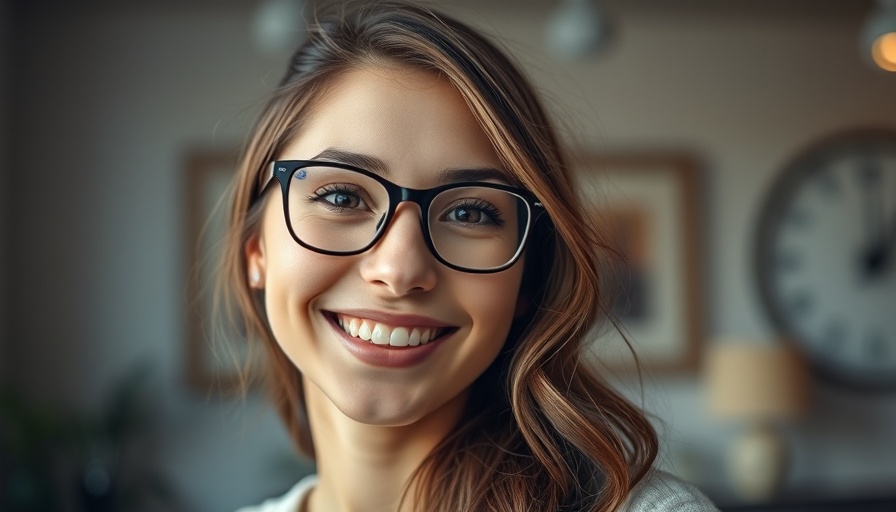 Young woman smiling indoors, detailed glasses and expression.