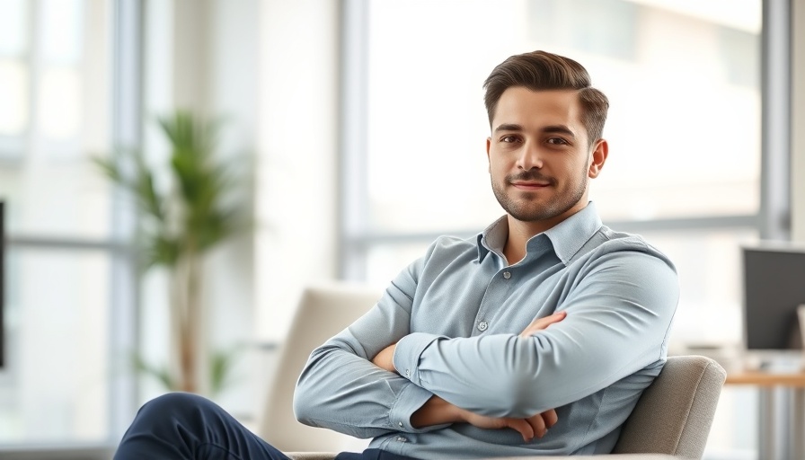 Confident young man in a modern office setting.