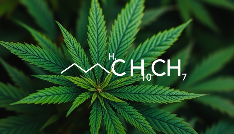 Close-up of cannabis leaves with chemical formula overlay.