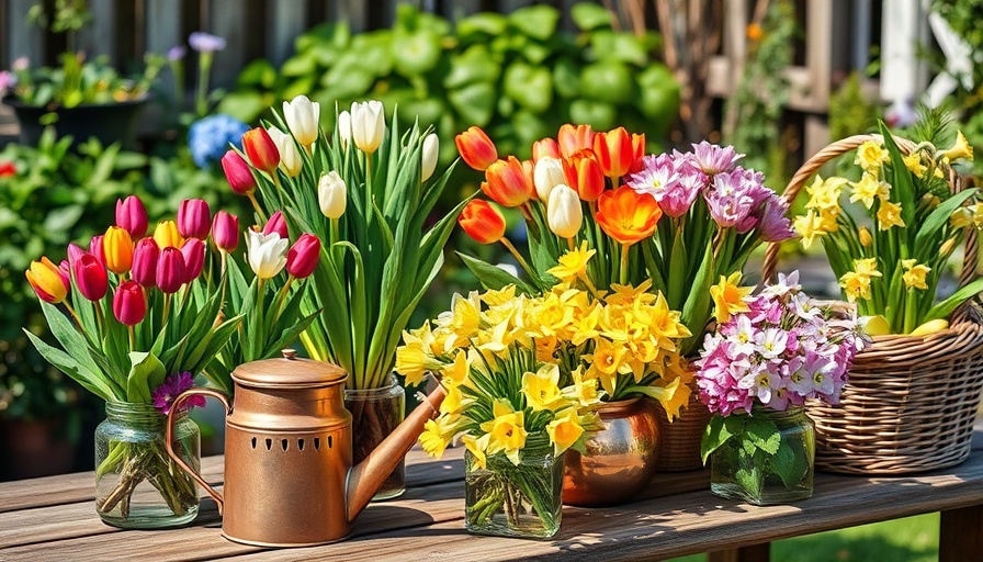 Colorful spring flowers in cups and baskets, ideal for Easter.