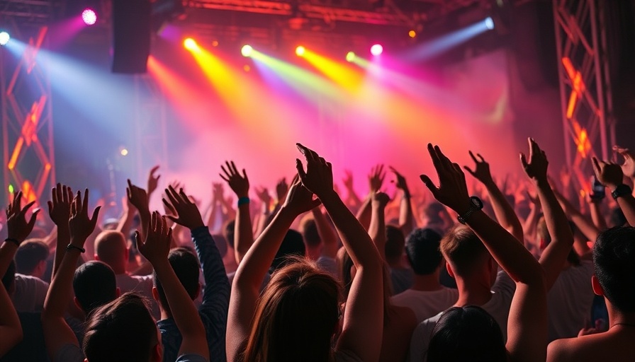 Energetic crowd at a vibrant concert with lights and color.