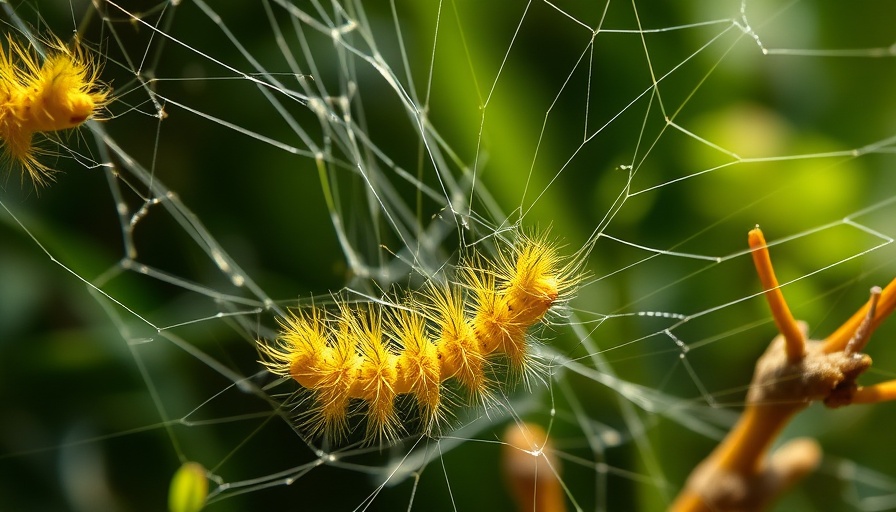 Garden-killing pests: caterpillars on web in sunlight.