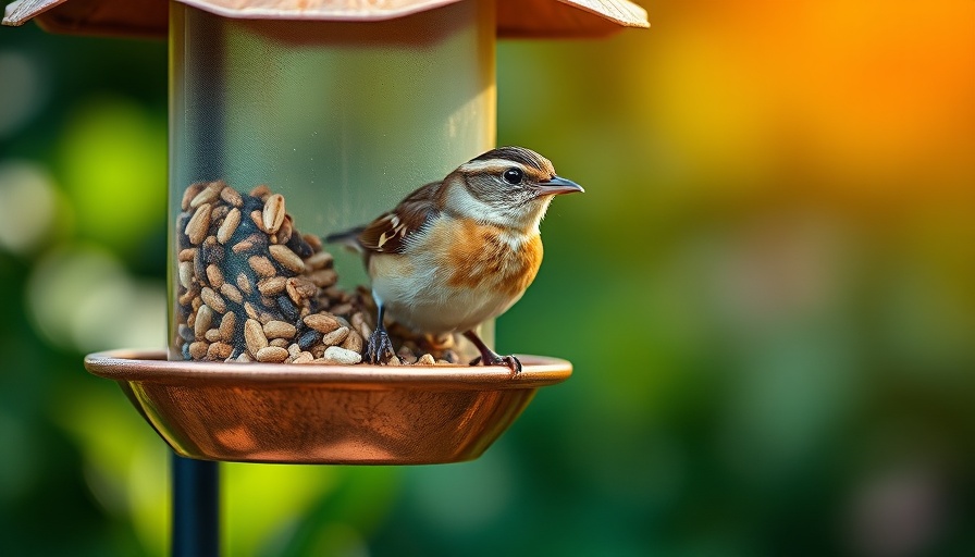 Bird perched on a seed-filled feeder in a garden.