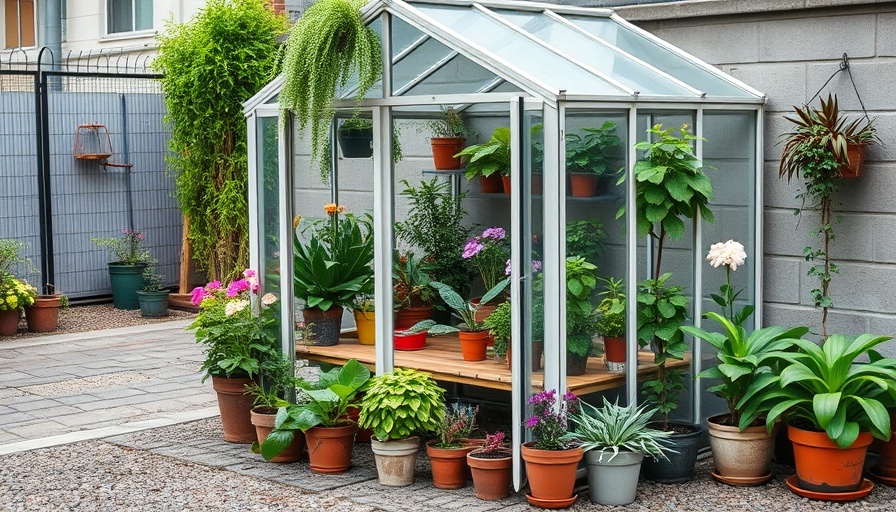 Small greenhouse with potted plants in an urban garden space