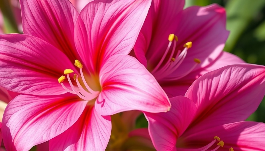 Blooming pink Amaryllis Belladonna lilies in sunlight.