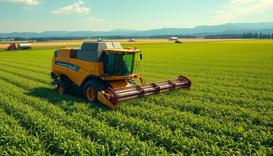Digital transformation in agriculture depicted by advanced machinery in green fields.