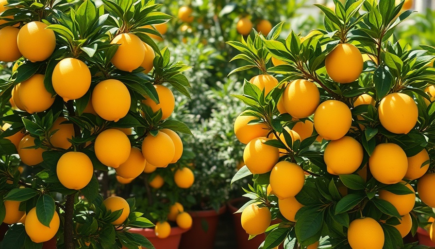 Lemon trees in containers with ripe lemons in sunny garden