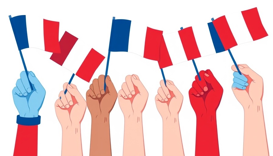 French flags held by hands, symbolizing French unity, vector graphic.