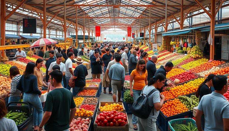 Eye-catching farmers market with vibrant produce and diverse crowd.