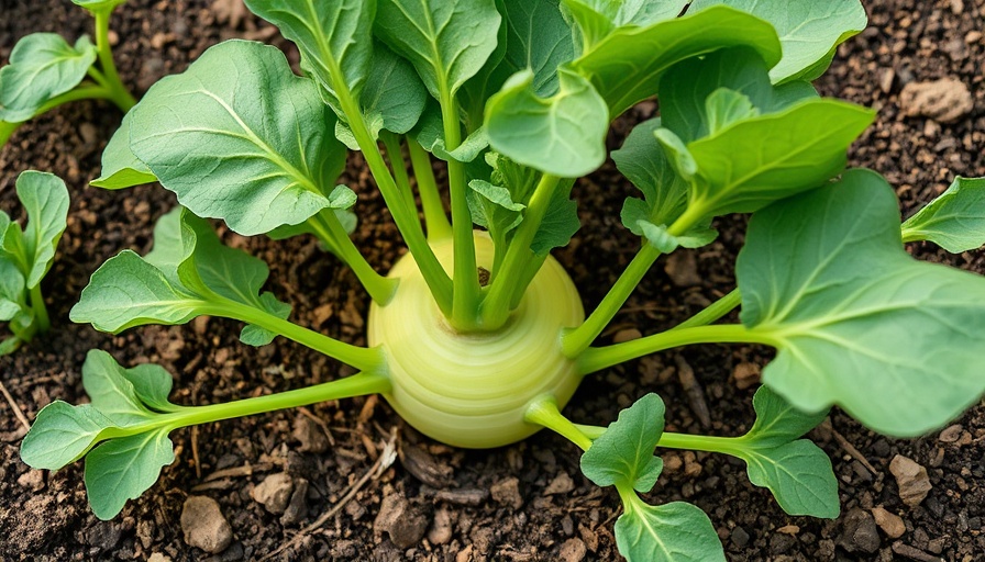 Vibrant kohlrabi plant thriving in a garden, showcasing ideal spacing.
