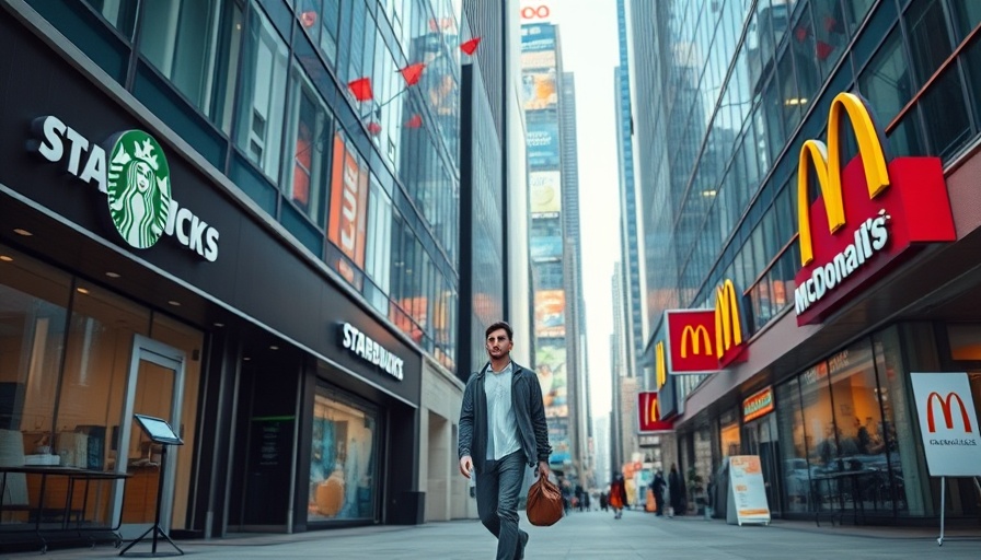 Urban street view of Starbucks and McDonald's storefronts with man walking.