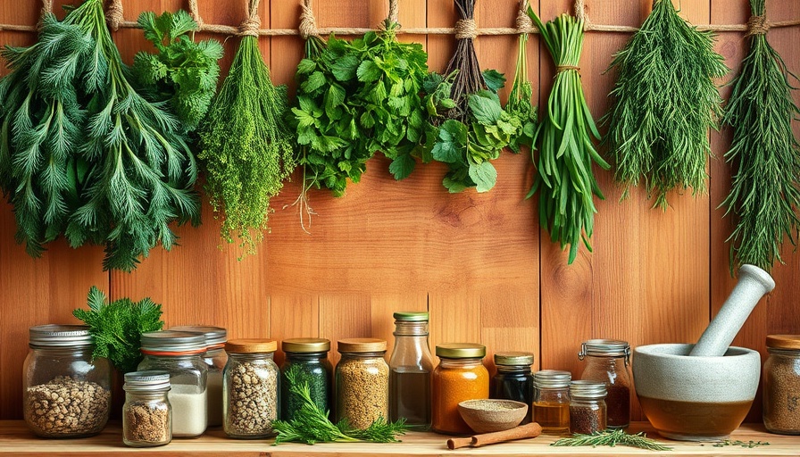 Indoor herb gardening with hanging herbs and spice jars in a rustic kitchen.