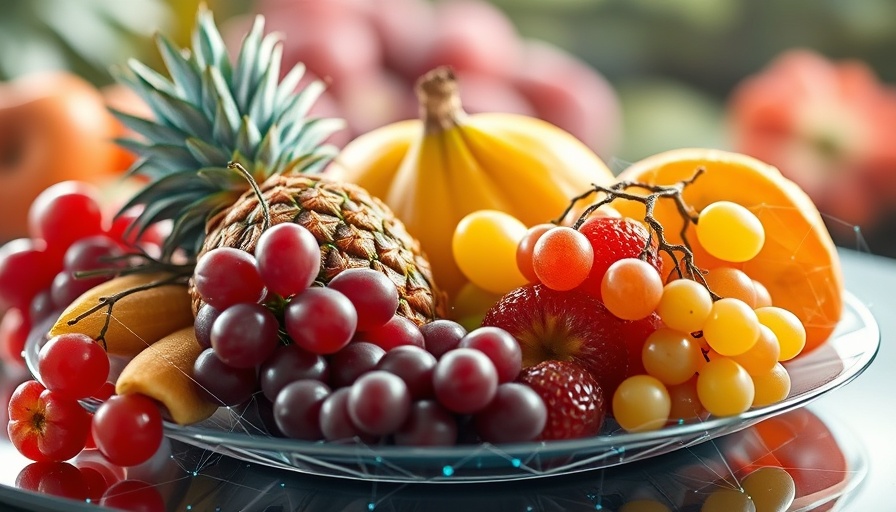 Futuristic digital agriculture scene with wireframe fruits.