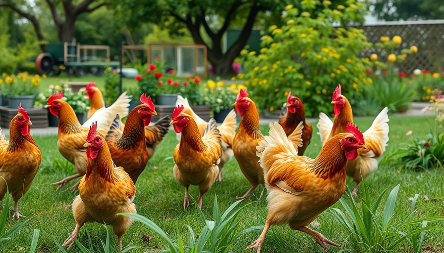 Vibrant chickens exploring garden, showcasing benefits of raising chickens