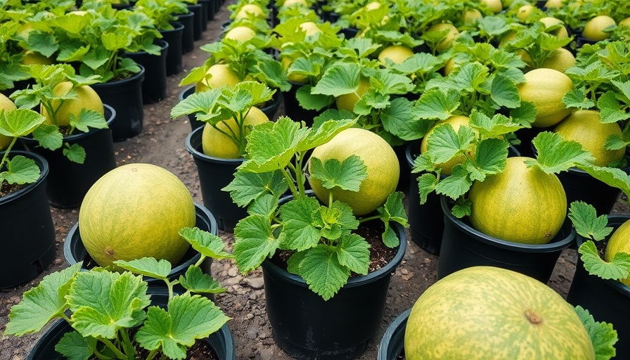 Growing cantaloupe in containers with healthy leaves and ripe fruit.