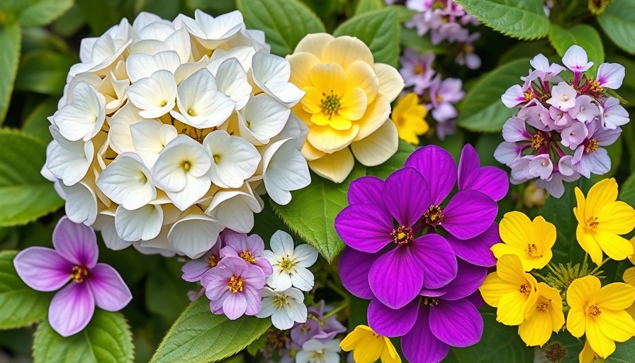 Collage of long-lasting blooms for shade gardening with hydrangeas, cyclamen, and yellow flowers.