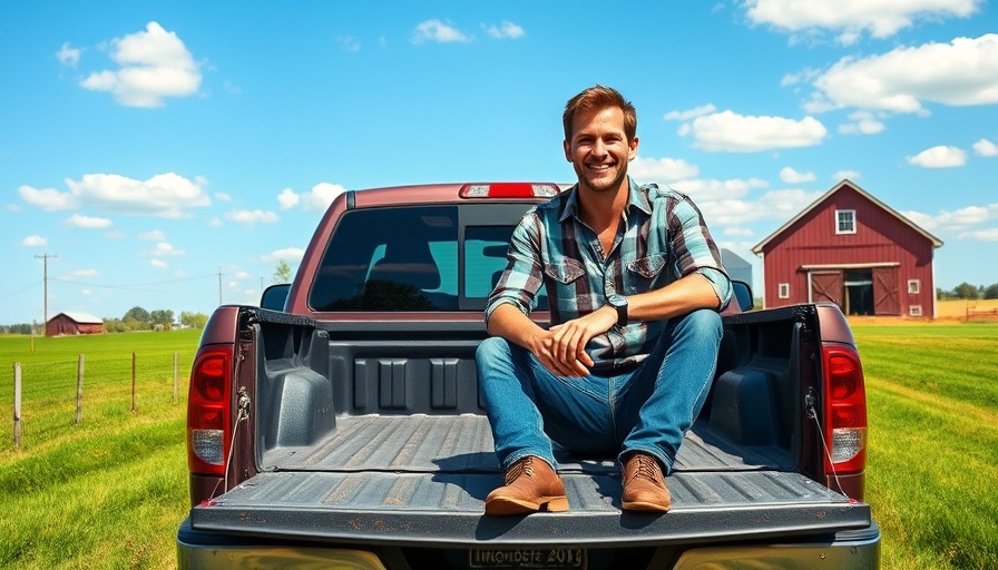 Man sitting on truck tailgate on a sunny farm, selling your car on a farm.