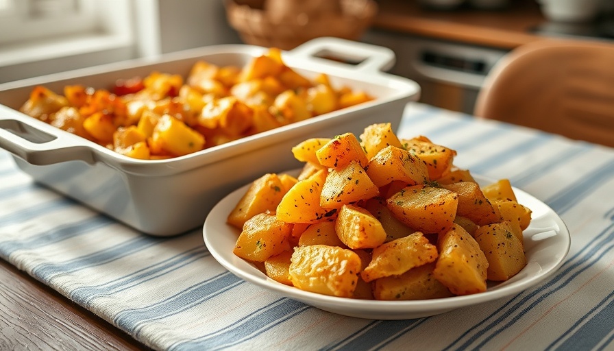 Delicious funeral potatoes recipe on plate with casserole dish.