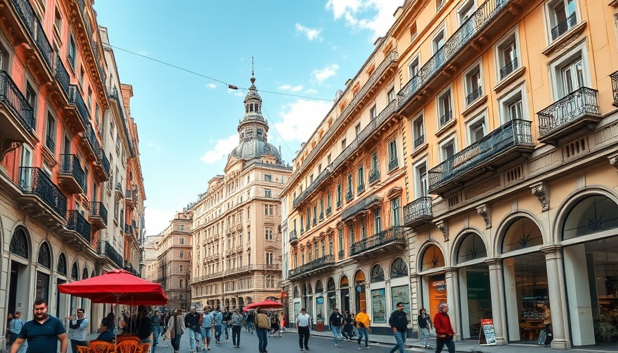 Scenic Madrid street with cafes and historic architecture.