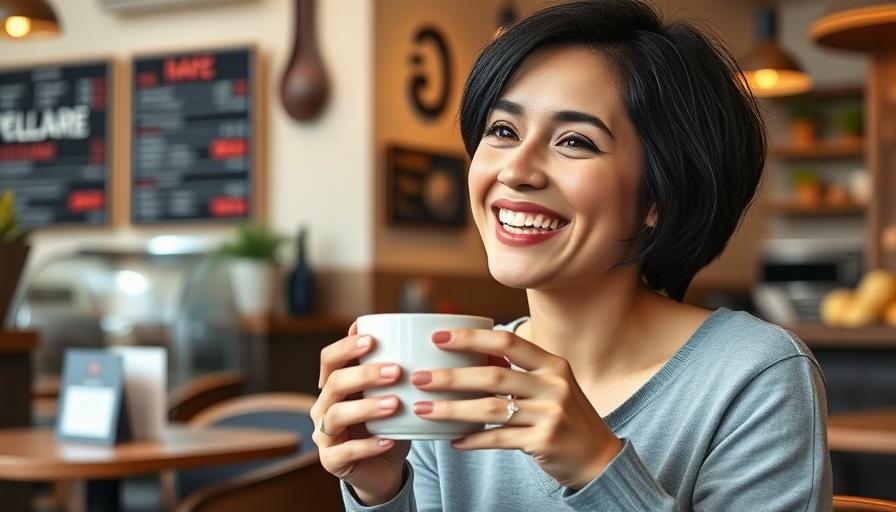 Smiling woman in café setting holding a coffee cup.