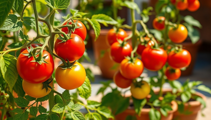 Vibrant tomato plants growing in pots on a sunlit patio.