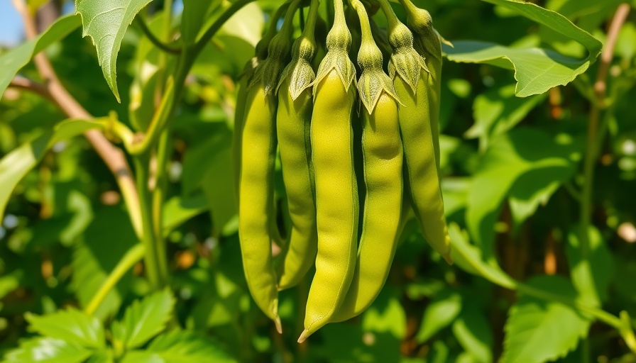 Close-up of growing winged beans on a vine in a garden.