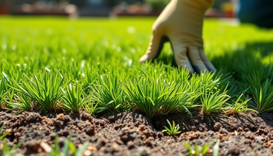 Person preparing lawn for flower garden by laying sod.